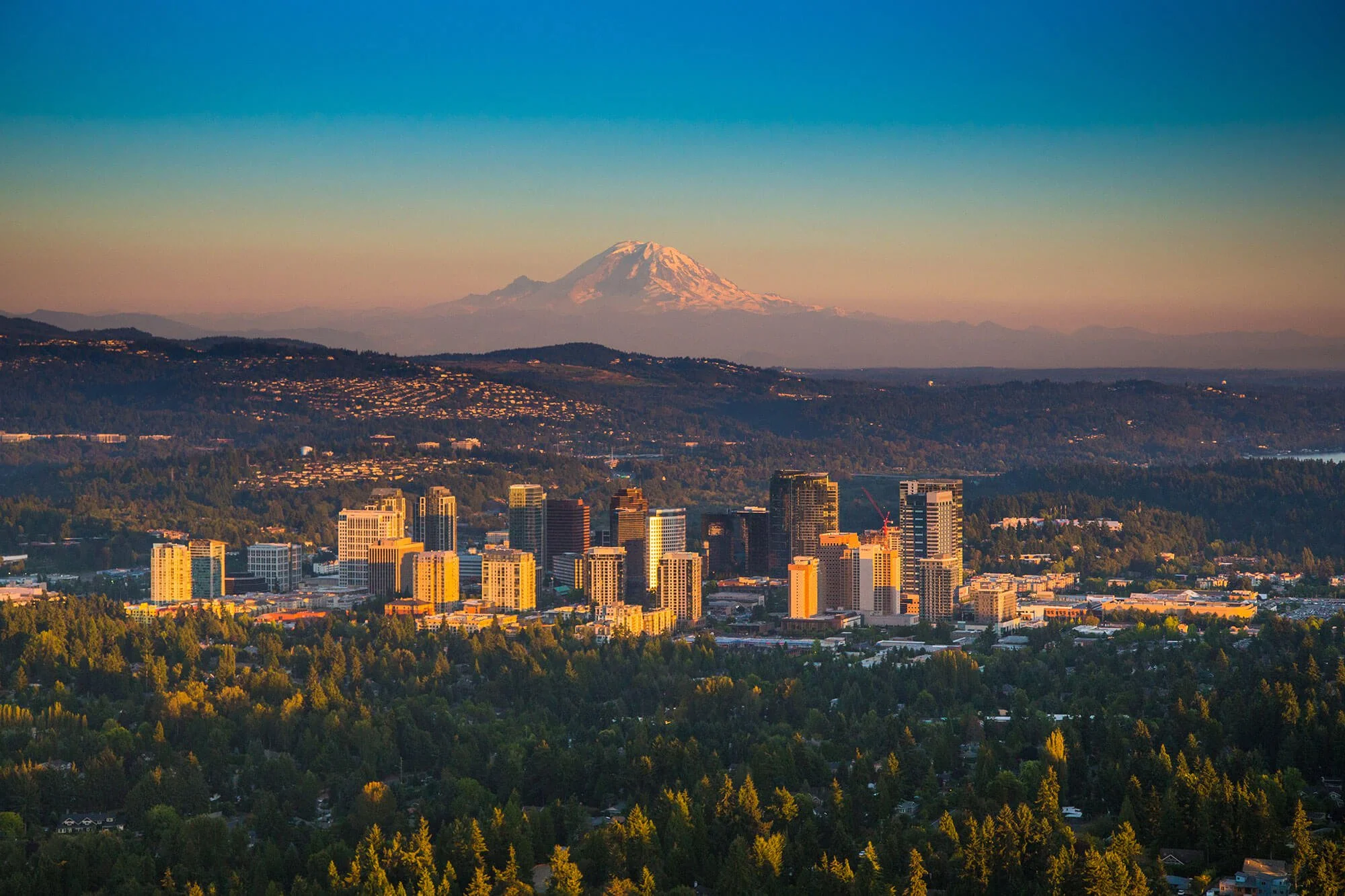 Panoramic view of Bellevue Washington with Mt. Rainier in the background